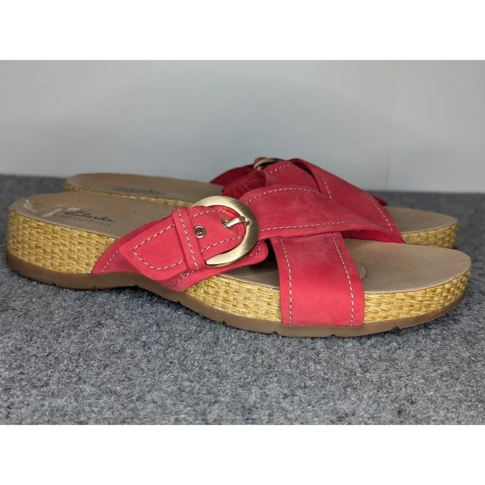 Clarks Collection Leather Slide Sandals Reileigh May Red Women's 9 W Wide
